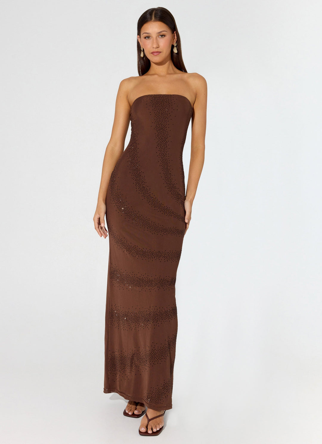 Belisse Beaded Mesh Maxi Dress Chocolate