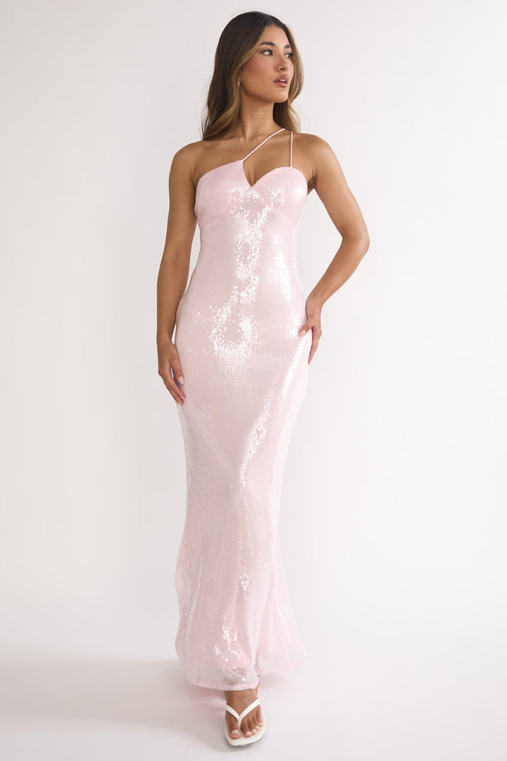 Roselyn One Shoulder Sequin Maxi Dress Pink