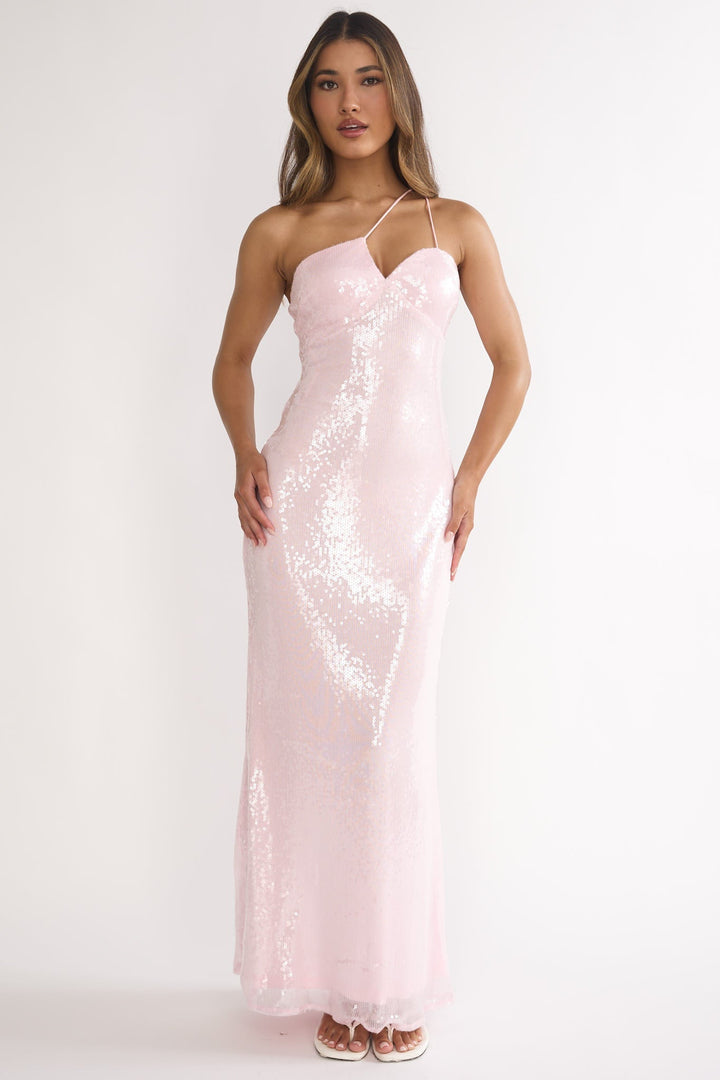 Roselyn One Shoulder Sequin Maxi Dress Pink