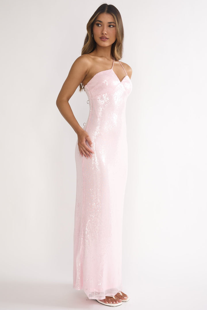 Roselyn One Shoulder Sequin Maxi Dress Pink