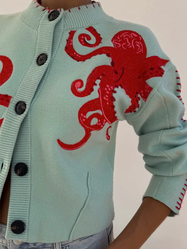 Cardigan | Playful Octopus Pattern Long Cardigan Sweater | Stylish Comfortable Layer