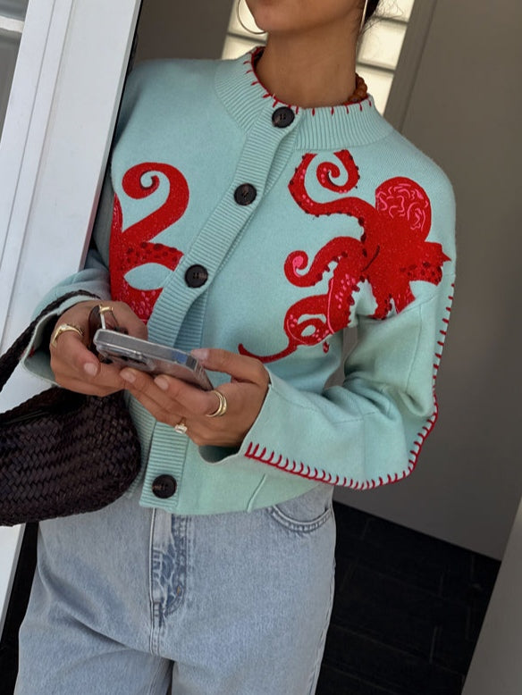 Cardigan | Playful Octopus Pattern Long Cardigan Sweater | Stylish Comfortable Layer