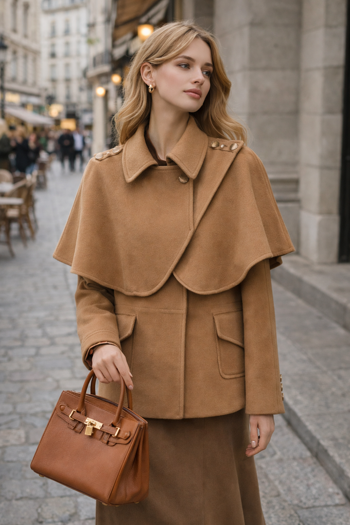 Women's coat with cape and fitted waist in camel