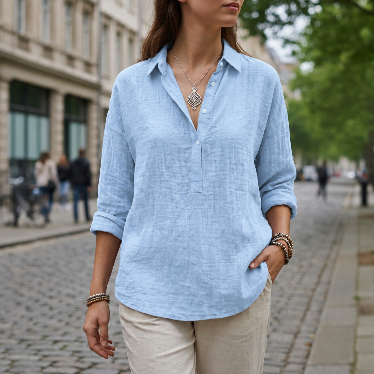 Women's Linen-Look Popover Blouse | Relaxed Elegant Button Top