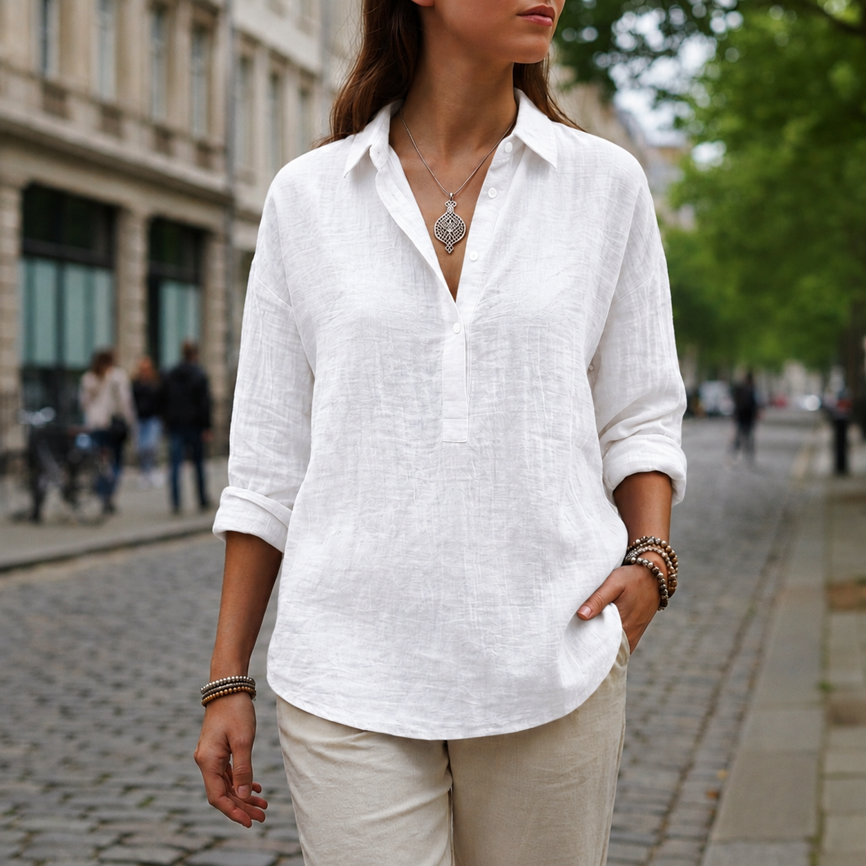 Women's Linen-Look Popover Blouse | Relaxed Elegant Button Top