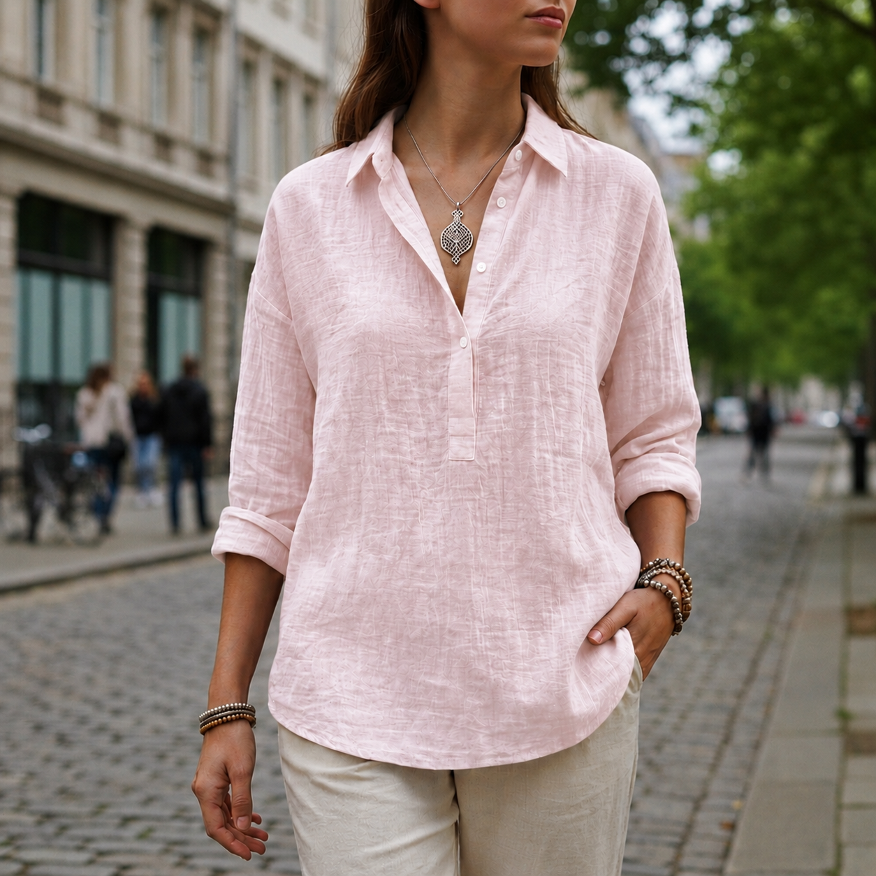 Women's Linen-Look Popover Blouse | Relaxed Elegant Button Top