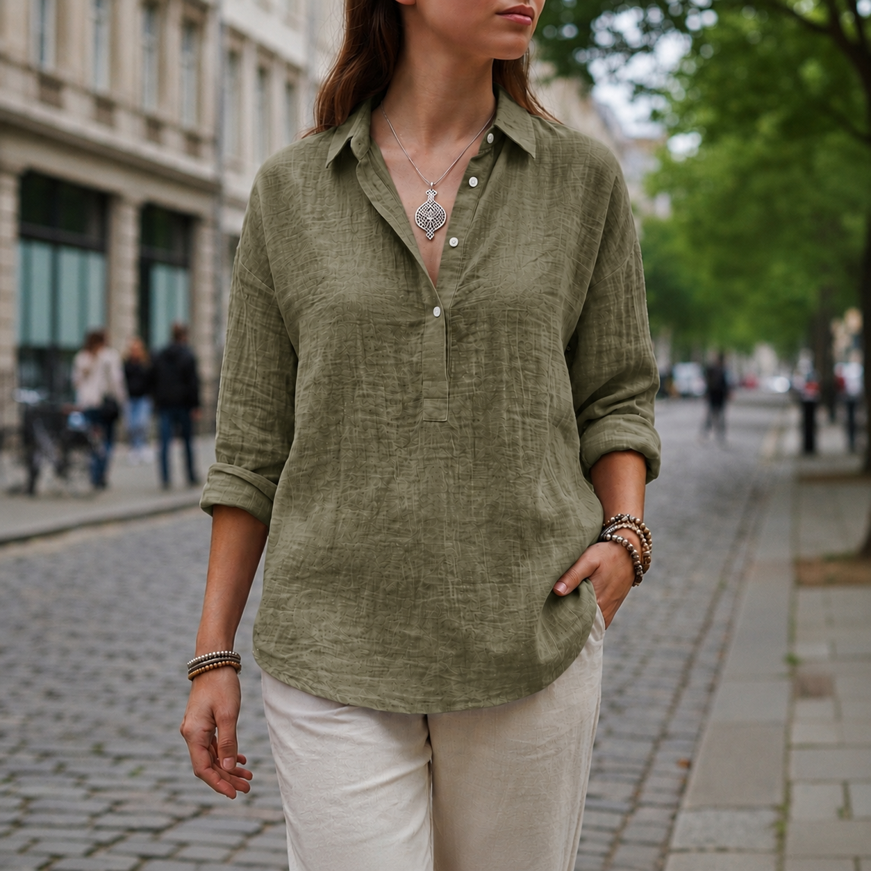 Women's Linen-Look Popover Blouse | Relaxed Elegant Button Top