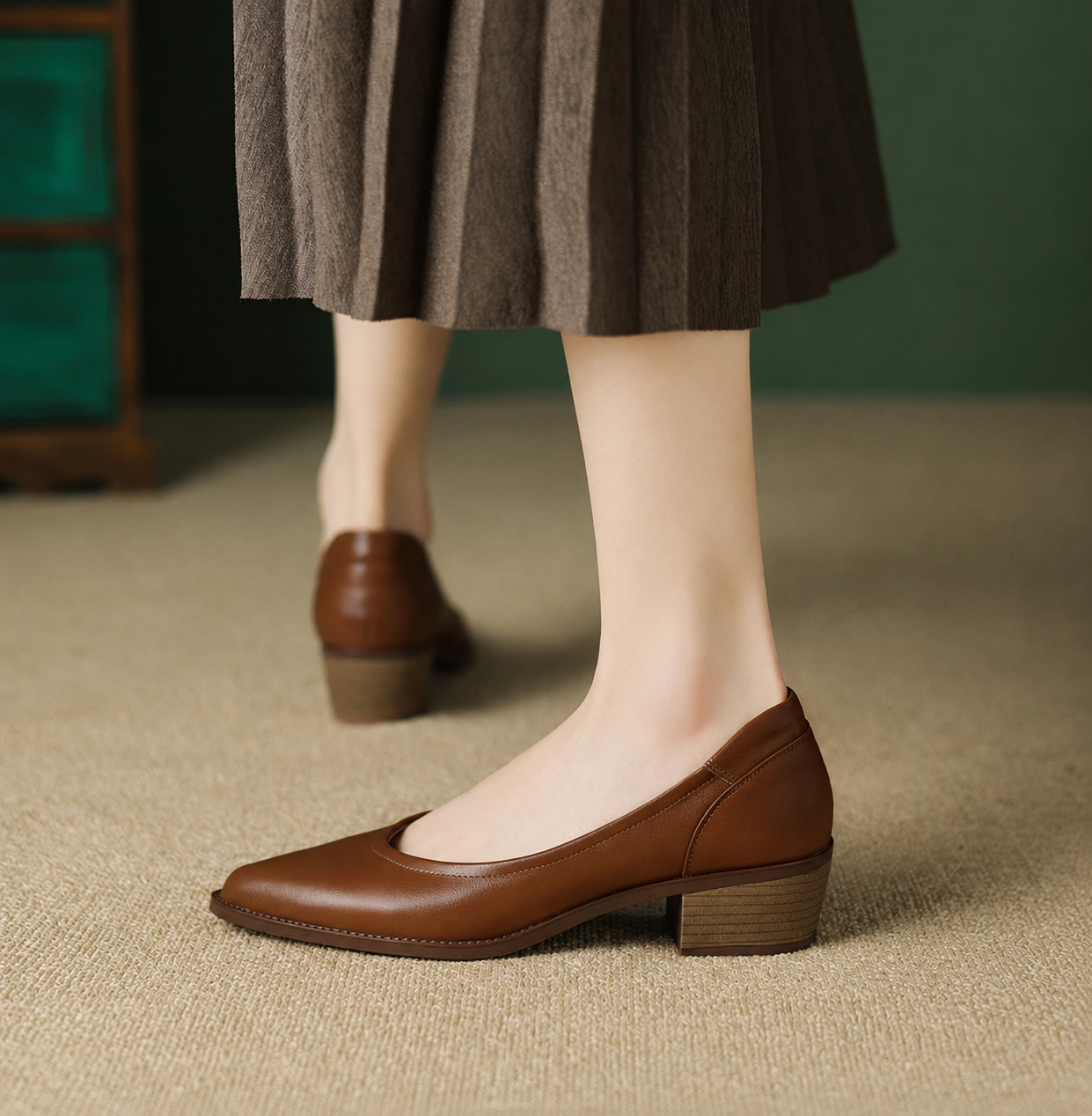 Women's Pointed Toe Block Heel Pumps | Slip On Mid Heel Shoes