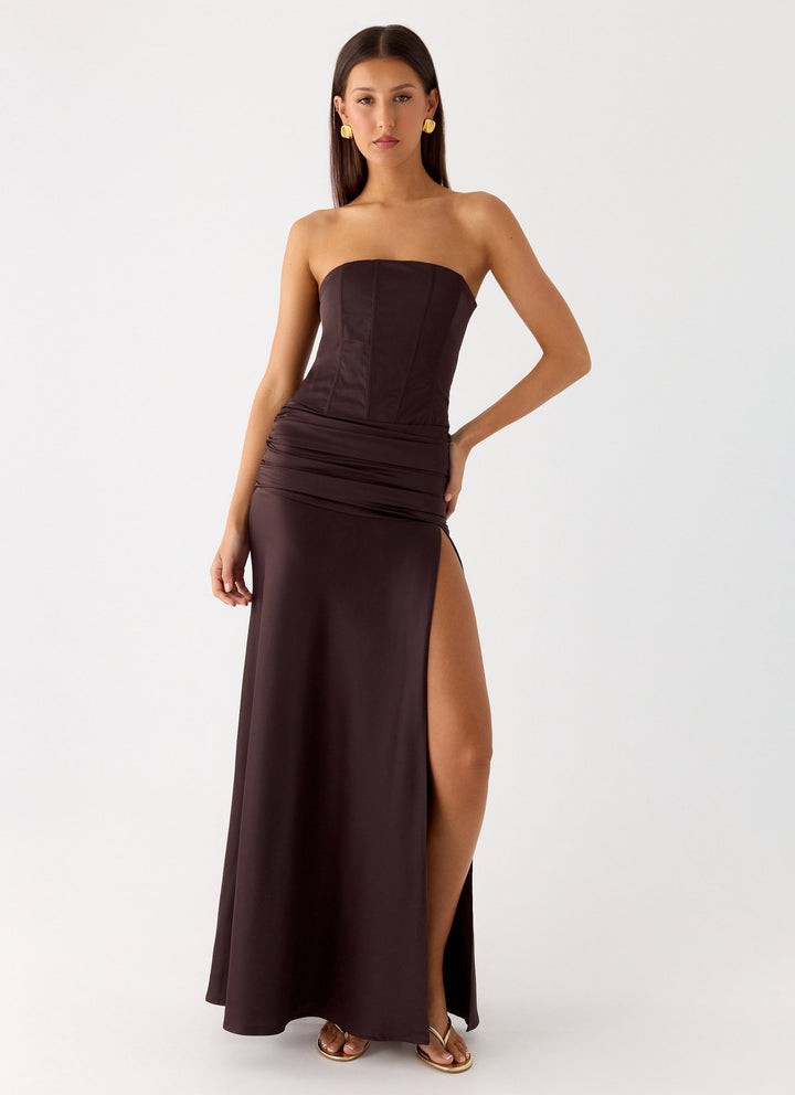Darana Corset Satin Maxi Dress Chocolate