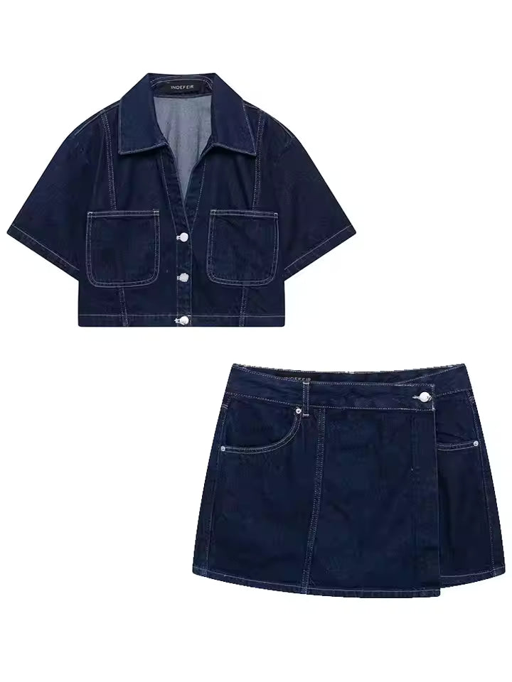 Denim Set | Relaxed Crop Top and Mini Skort Outfit | Stylish Casual Two Piece Set