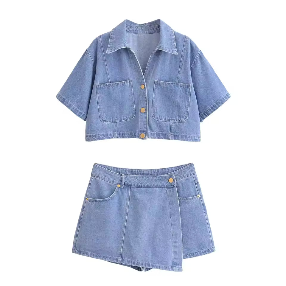 Denim Set | Relaxed Crop Top and Mini Skort Outfit | Stylish Casual Two Piece Set