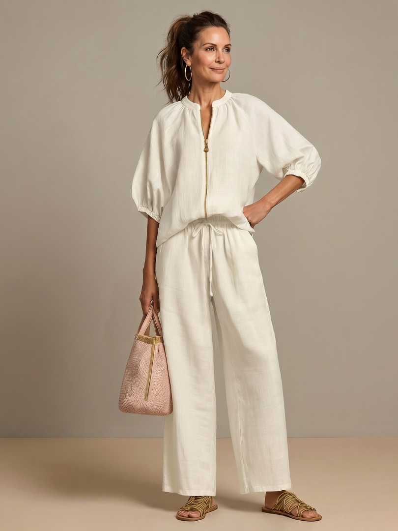 Elegant Twin Set | Puff Sleeve Blouse and Wide Leg Trousers | Chic and Comfortable