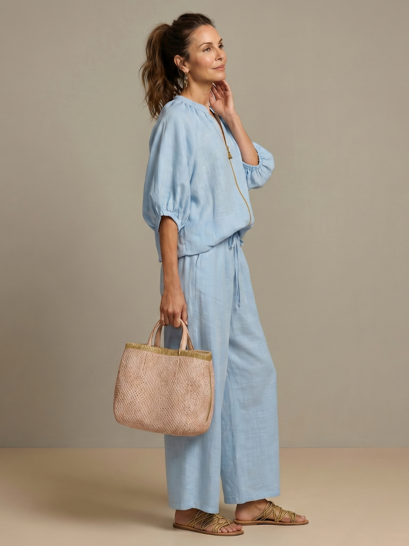 Elegant Twin Set | Puff Sleeve Blouse and Wide Leg Trousers | Chic and Comfortable