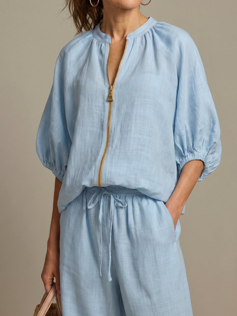 Elegant Twin Set | Puff Sleeve Blouse and Wide Leg Trousers | Chic and Comfortable
