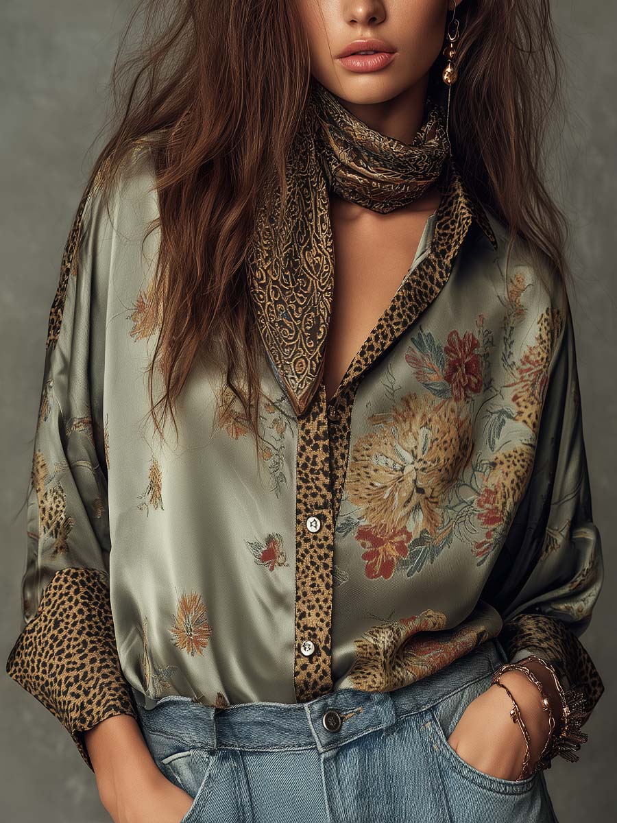 Floral Print Shirt | Elegant Button-Down with Leopard Trim
