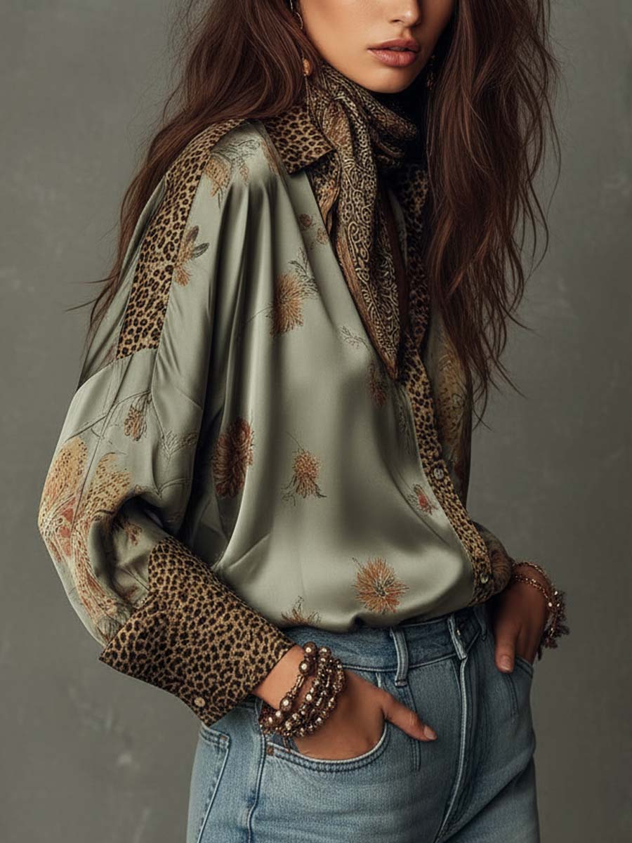 Floral Print Shirt | Elegant Button-Down with Leopard Trim