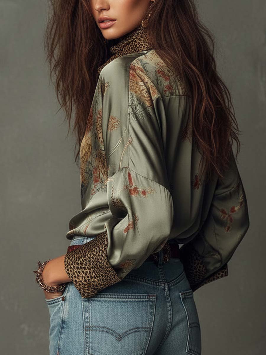 Floral Print Shirt | Elegant Button-Down with Leopard Trim
