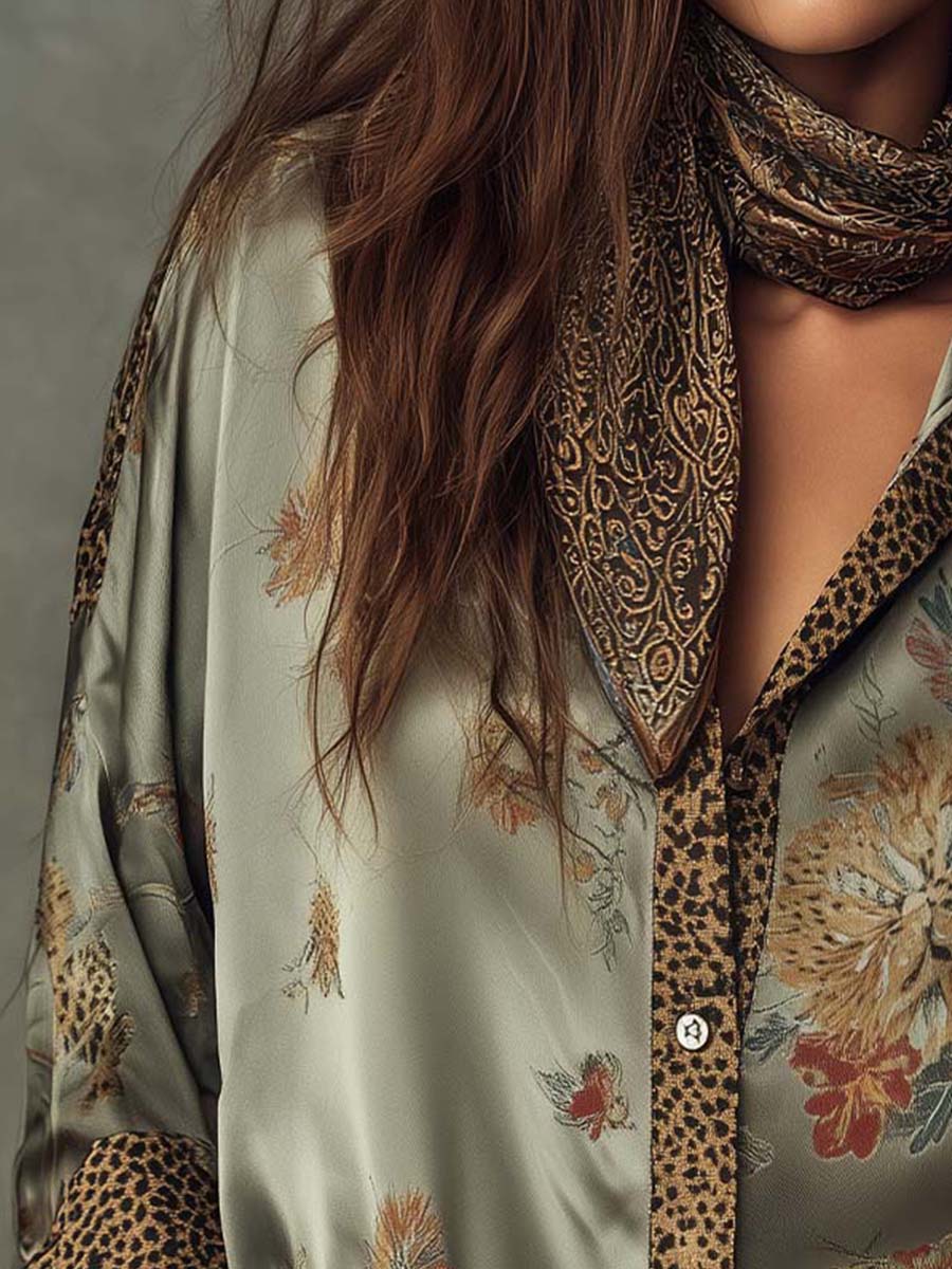 Floral Print Shirt | Elegant Button-Down with Leopard Trim