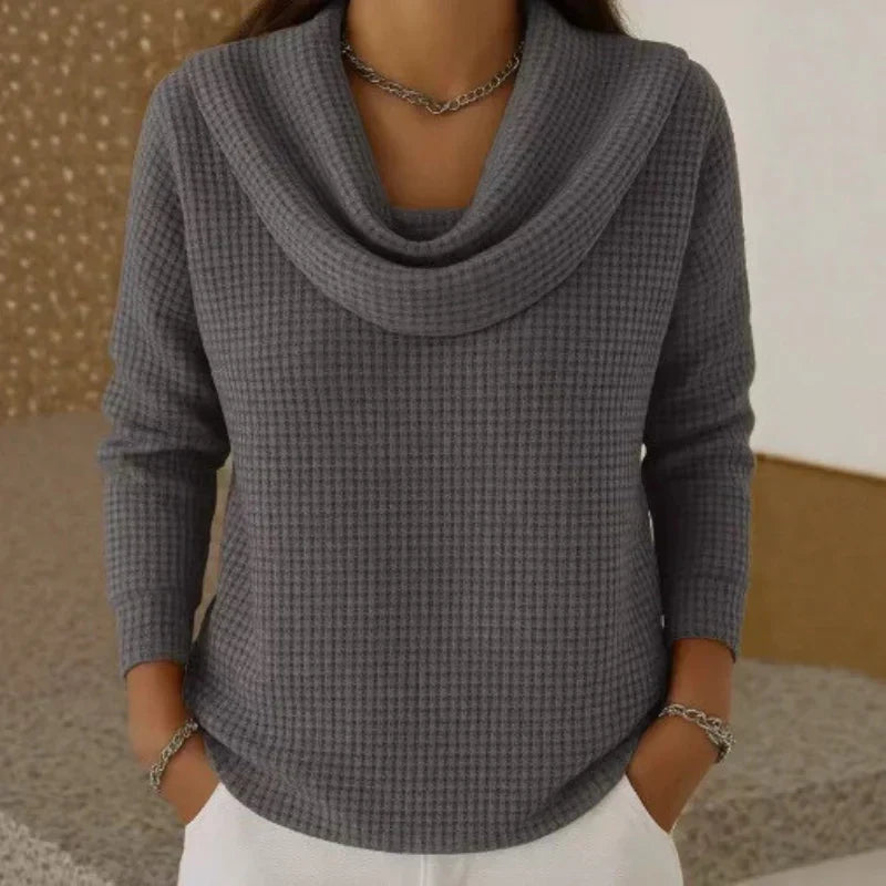 Women's Cowl-Neck Waffle Sweater | Cozy Draped Pullover
