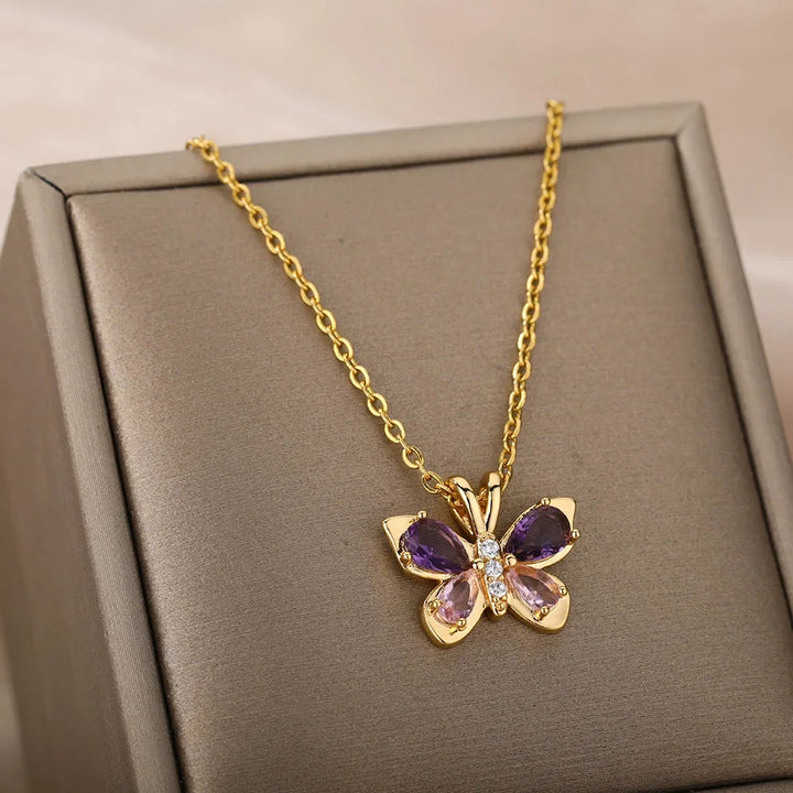 Women's Cubic Zirconia Butterfly Pendant Necklace | Waterproof Adjustable Chain Necklace