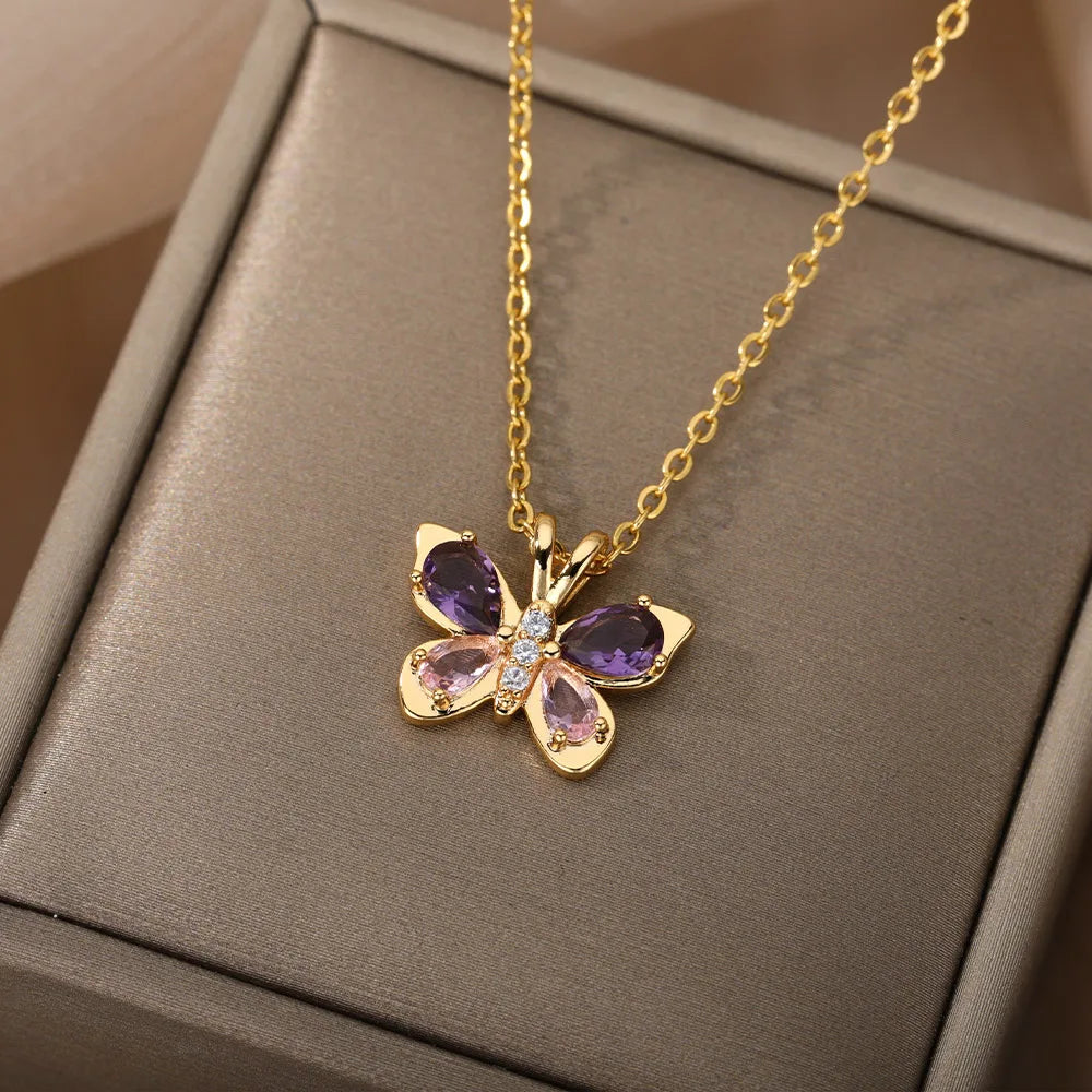 Women's Cubic Zirconia Butterfly Pendant Necklace | Waterproof Adjustable Chain Necklace