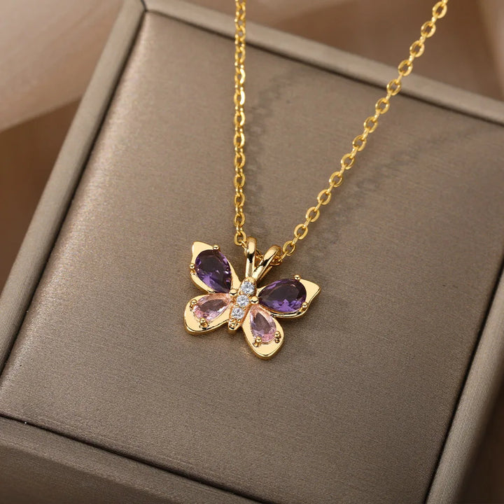 Women's Cubic Zirconia Butterfly Pendant Necklace | Waterproof Adjustable Chain Necklace