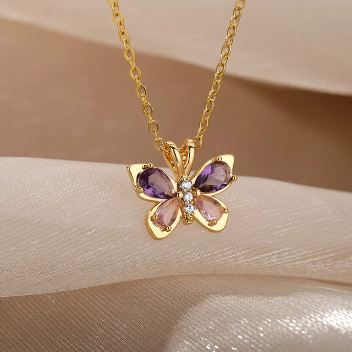 Women's Cubic Zirconia Butterfly Pendant Necklace | Waterproof Adjustable Chain Necklace