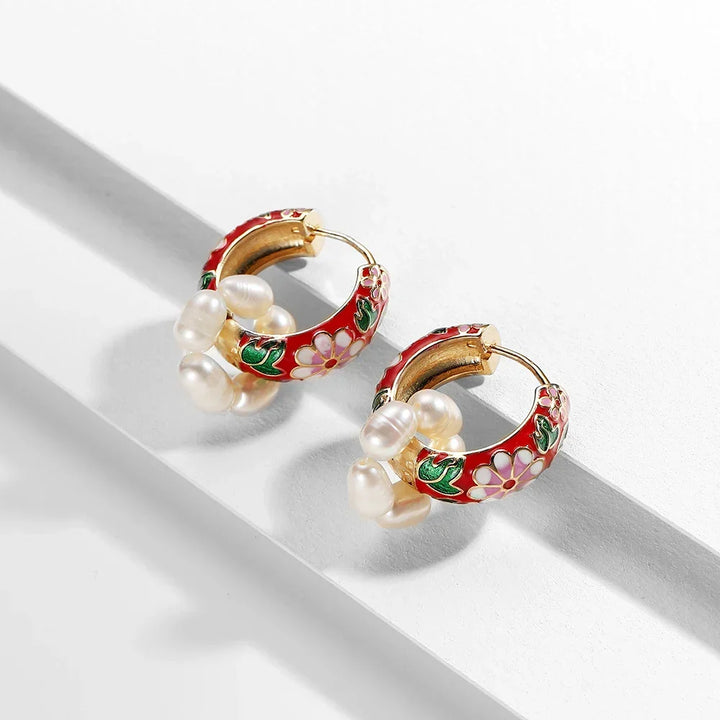 Women's Gold-Plated Enamel Huggie Hoop Earrings | Waterproof Floral Hoops