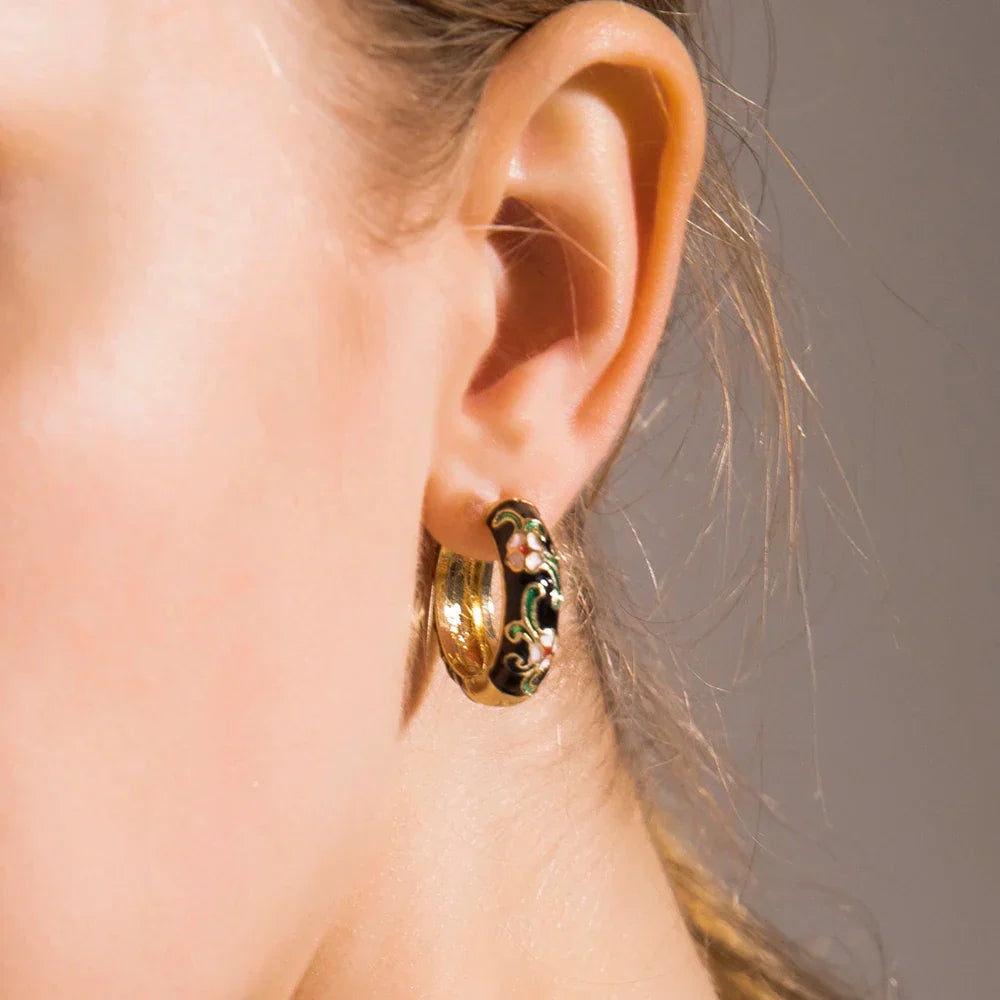 Women's Gold-Plated Enamel Huggie Hoop Earrings | Waterproof Floral Hoops