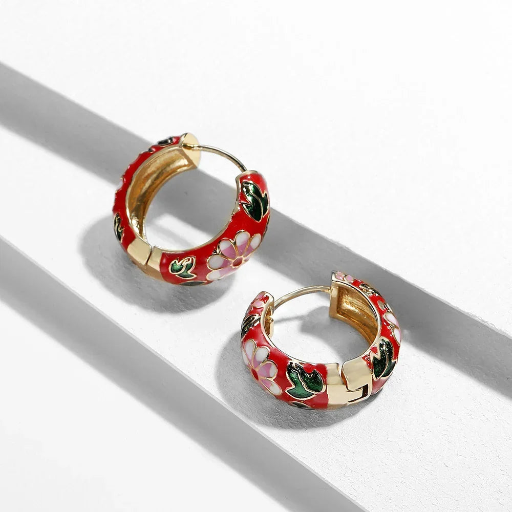 Women's Gold-Plated Enamel Huggie Hoop Earrings | Waterproof Floral Hoops