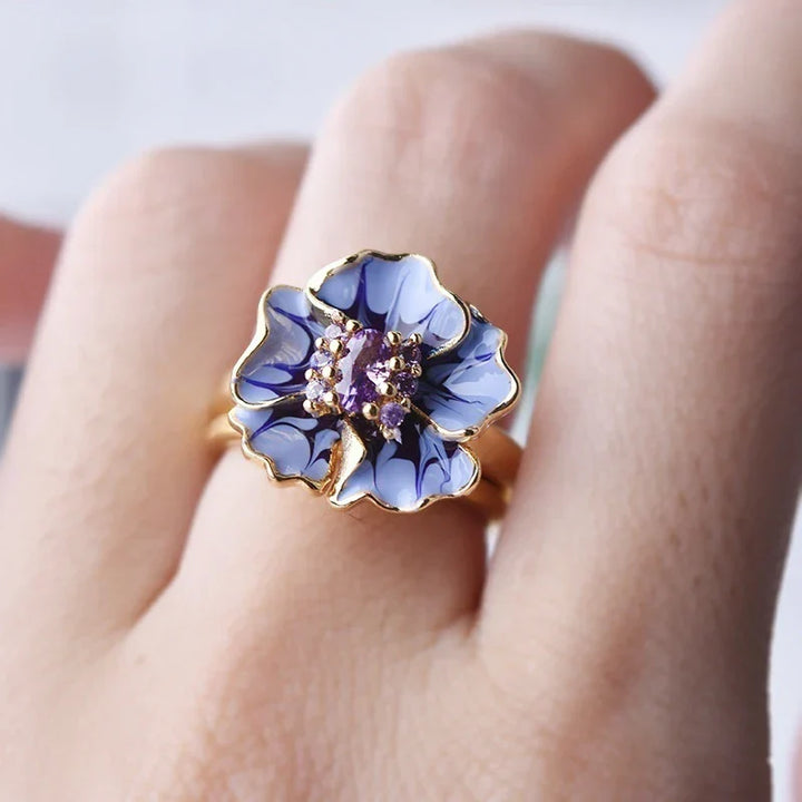 Women's Enamel Floral Cubic Zirconia Ring | Gold-Plated Lilac Petal Ring
