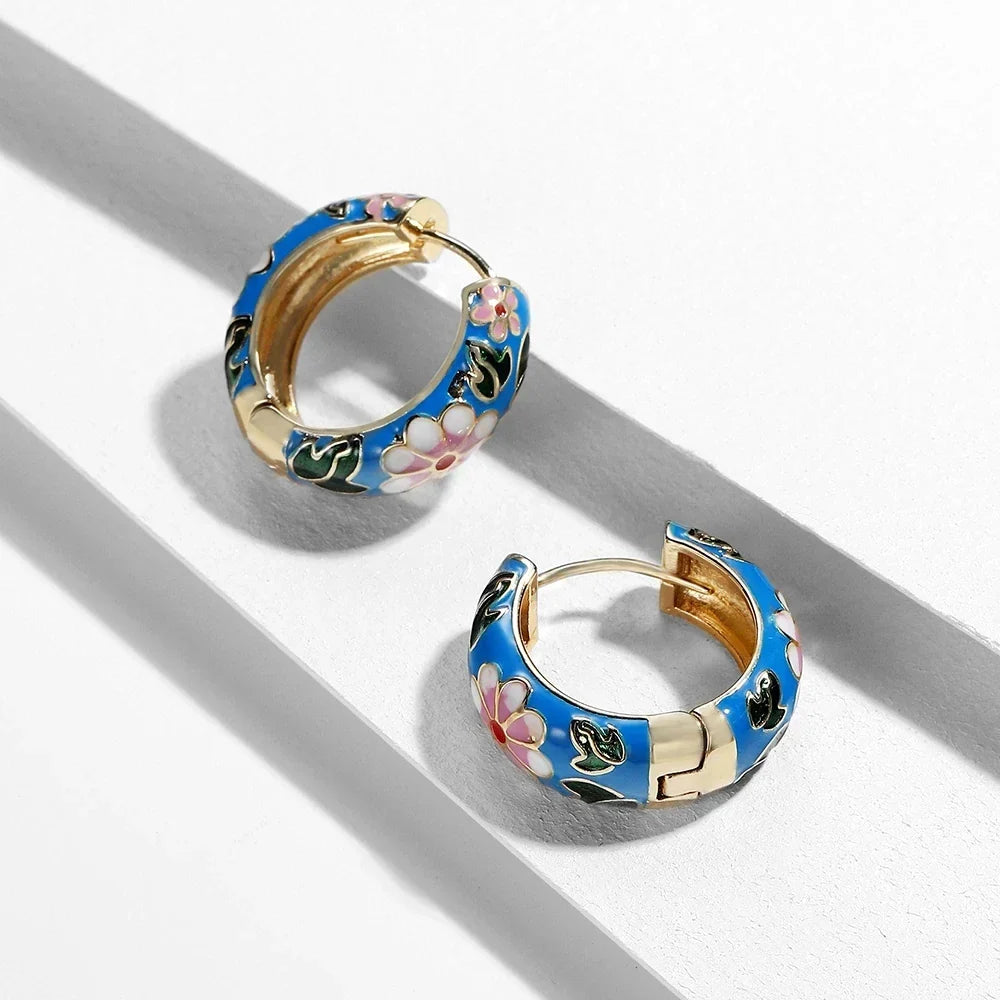 Women's Gold-Plated Enamel Huggie Hoop Earrings | Waterproof Floral Hoops
