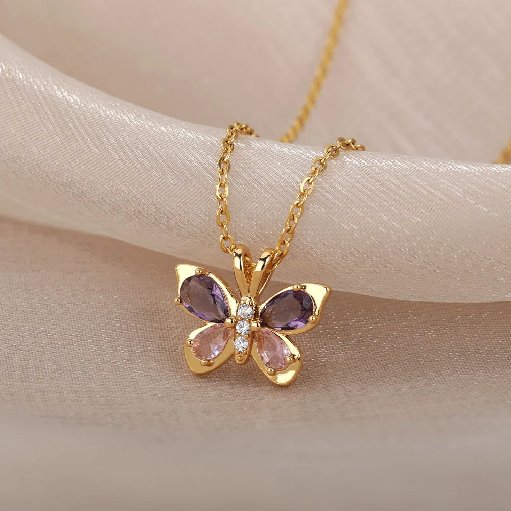 Women's Cubic Zirconia Butterfly Pendant Necklace | Waterproof Adjustable Chain Necklace