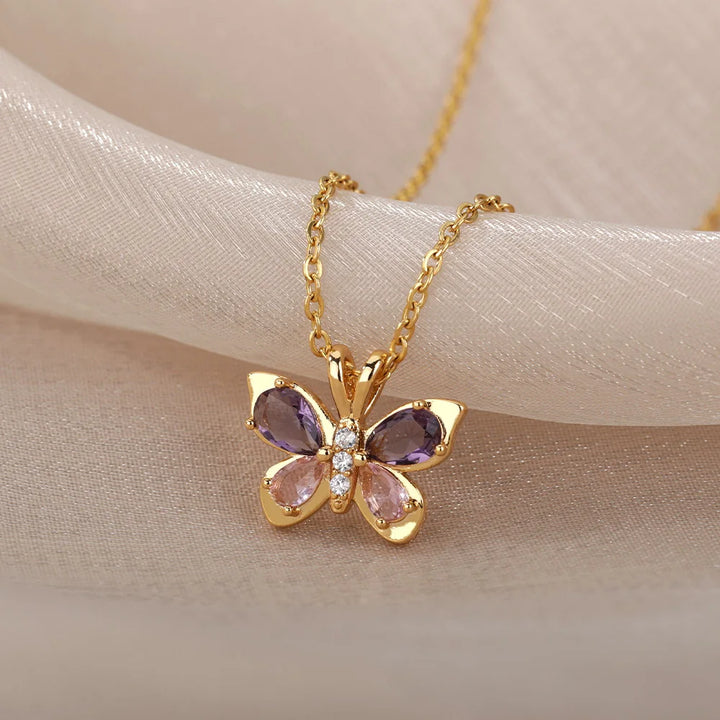 Women's Cubic Zirconia Butterfly Pendant Necklace | Waterproof Adjustable Chain Necklace