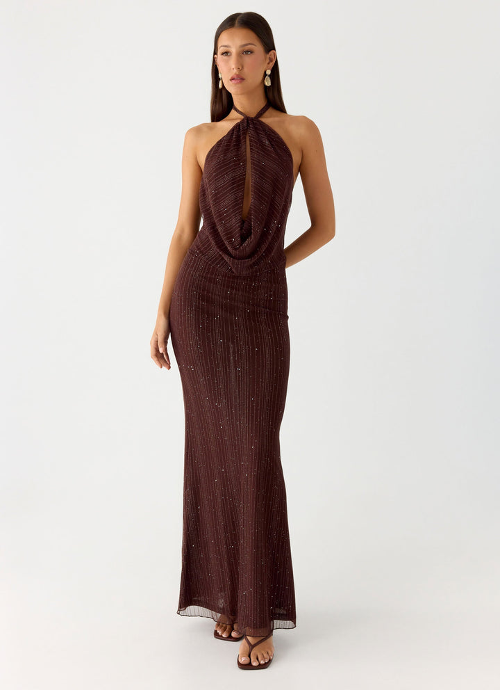 Haylan Sparkle Mesh Maxi Dress Chocolate