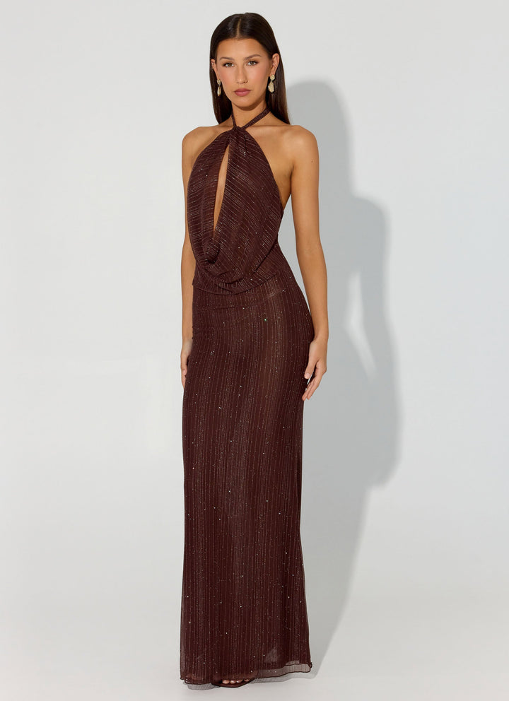 Haylan Sparkle Mesh Maxi Dress Chocolate