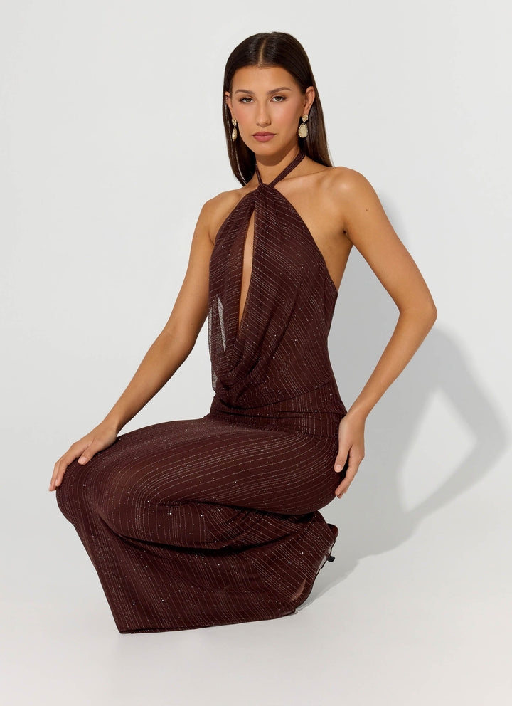 Haylan Sparkle Mesh Maxi Dress Chocolate