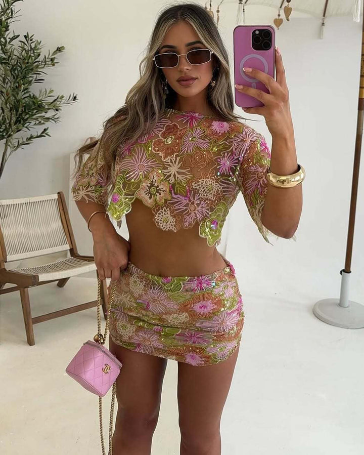 Elina | Women's Embroidery Sequin Summer Party Two-Piece Set