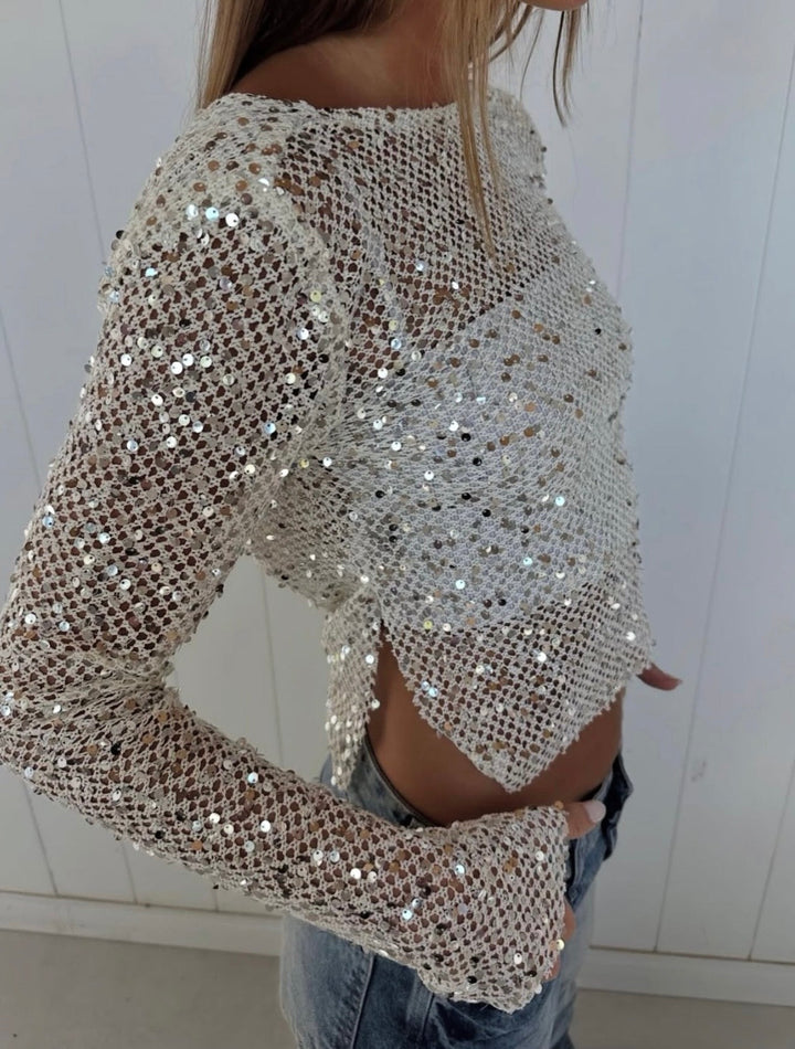 Grace | Women's Open-Back Sequin Mesh Crop Top