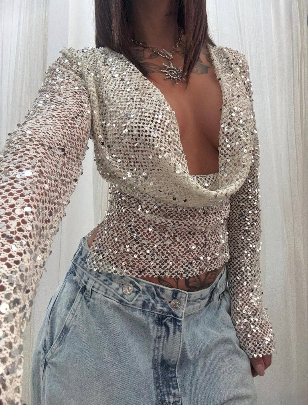 Grace | Women's Open-Back Sequin Mesh Crop Top
