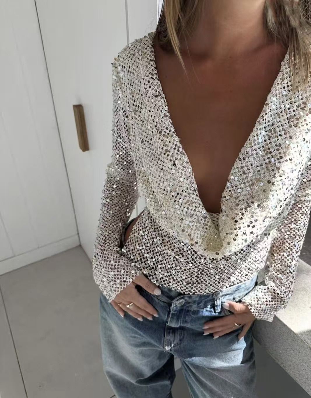 Grace | Women's Open-Back Sequin Mesh Crop Top