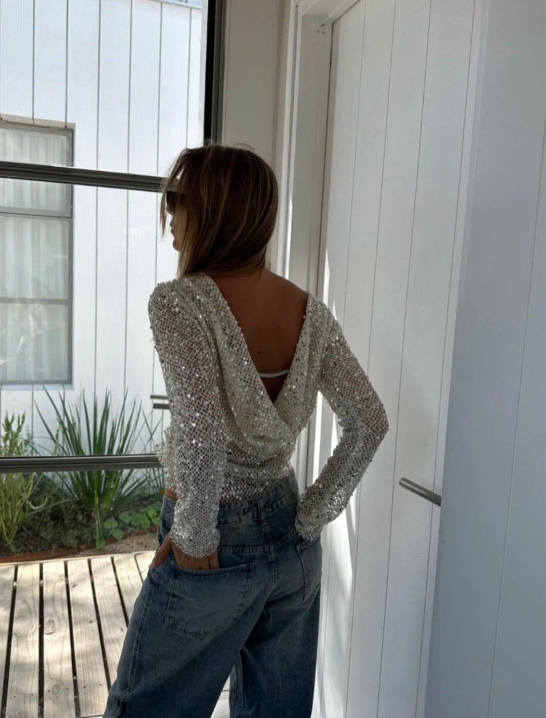 Grace | Women's Open-Back Sequin Mesh Crop Top