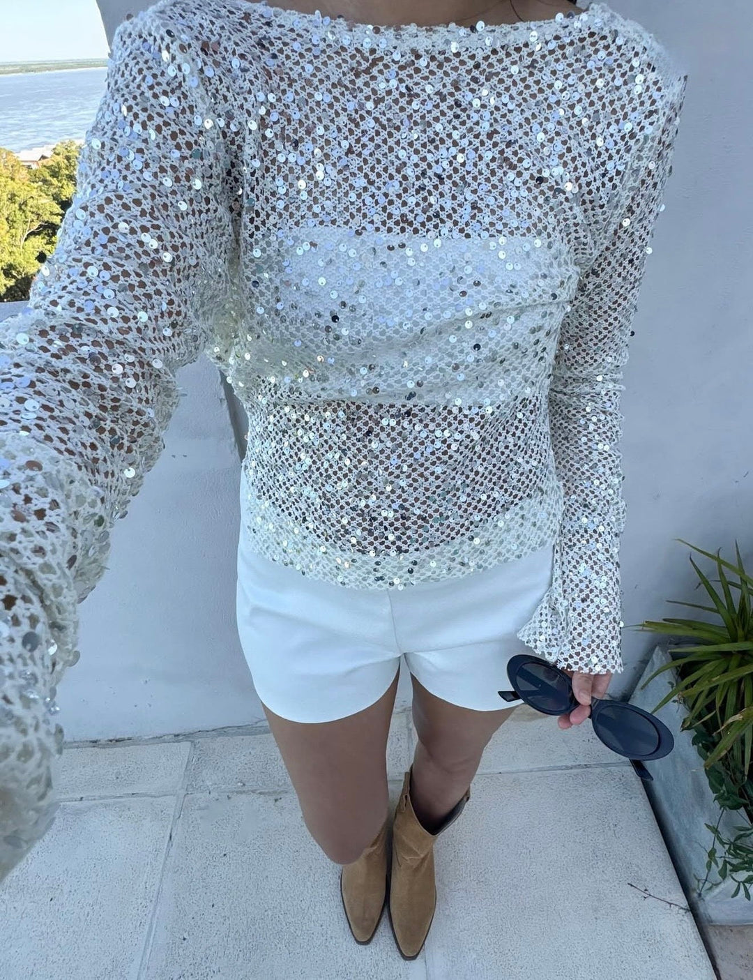 Grace | Women's Open-Back Sequin Mesh Crop Top