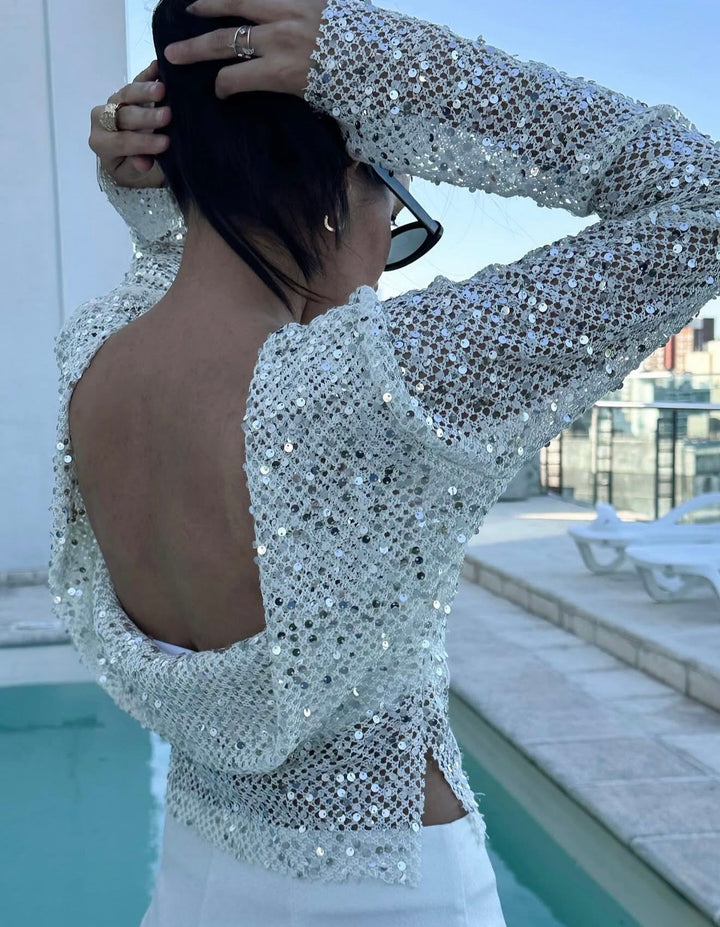 Grace | Women's Open-Back Sequin Mesh Crop Top