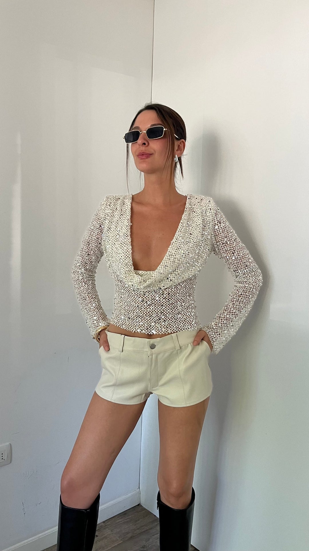 Grace | Women's Open-Back Sequin Mesh Crop Top