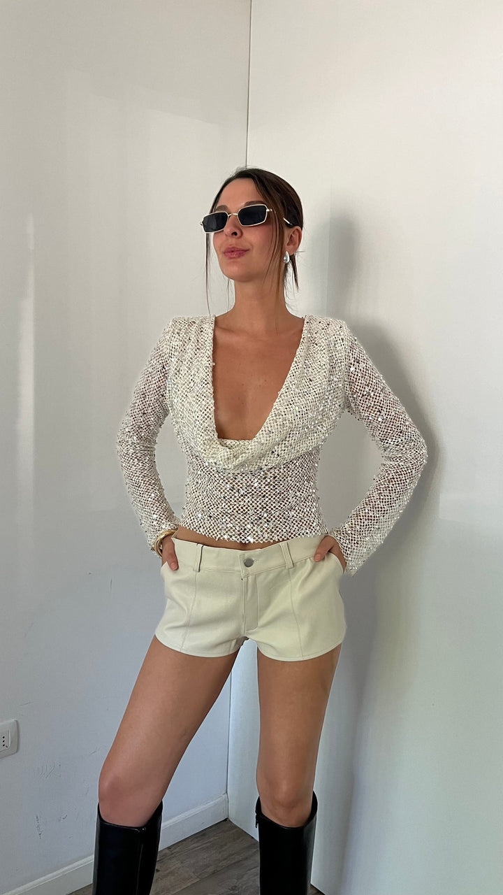Grace | Women's Open-Back Sequin Mesh Crop Top
