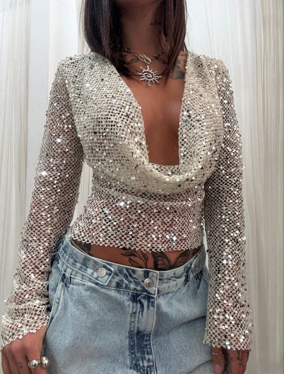 Grace | Women's Open-Back Sequin Mesh Crop Top