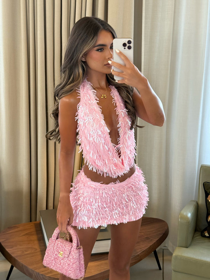 Isa | Women's Sequin Two-Piece Vacation Summer Set with Deep Neckline