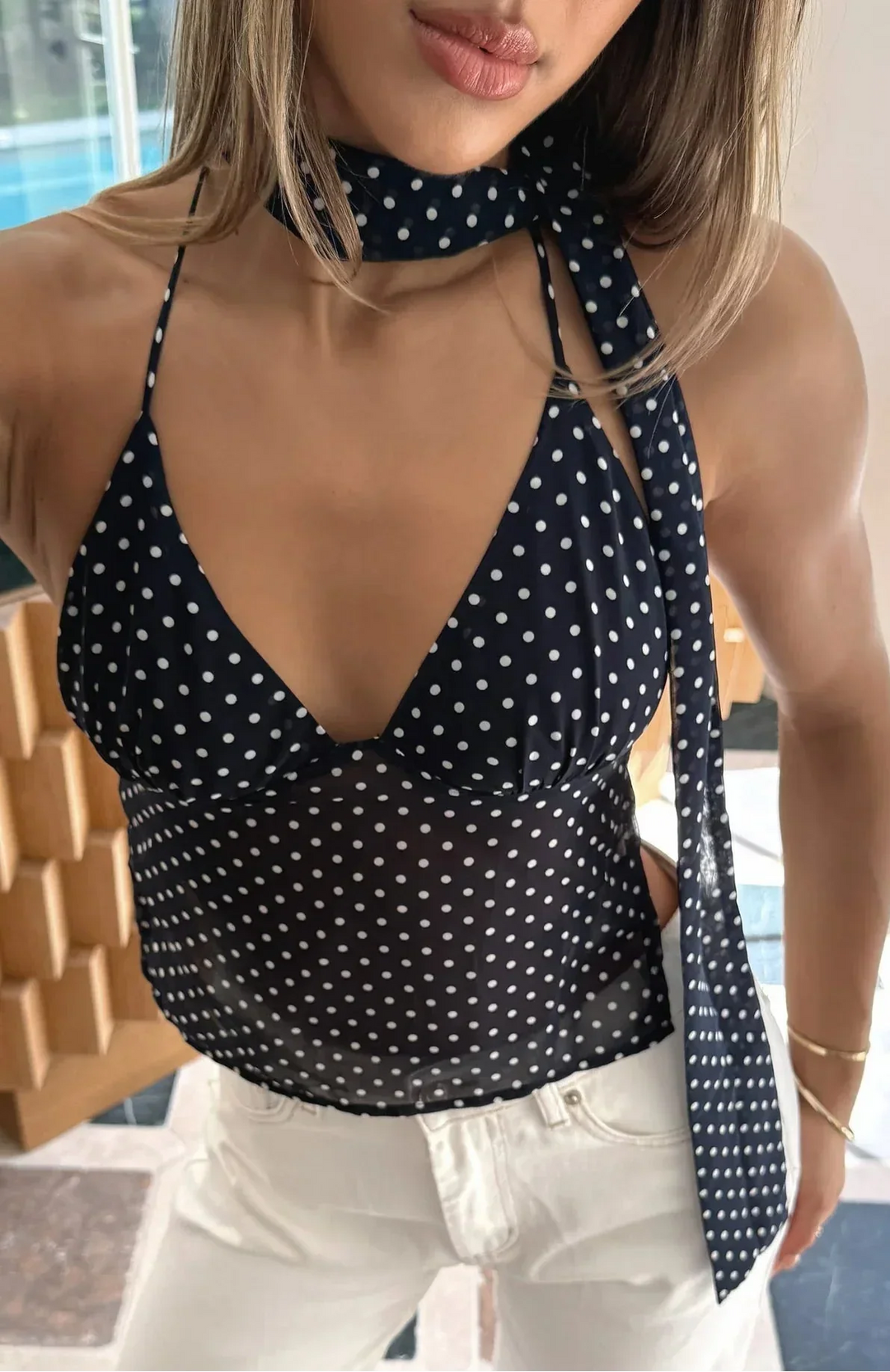 Lilly | Women's Sleeveless Polka-dot Summer Top with Scarf