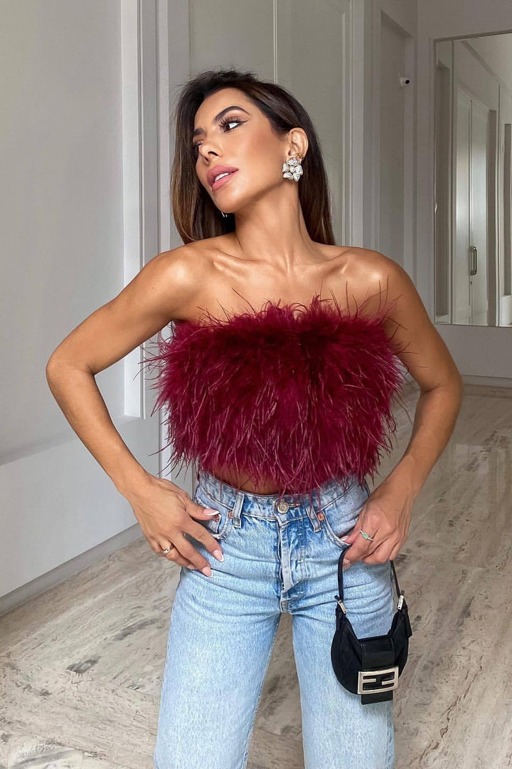 Romee | Women's Strapless Feather Festival Party Top
